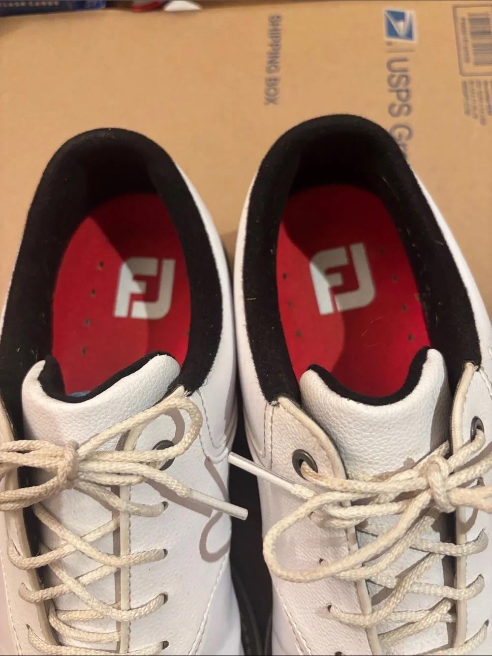 FootJoy White Leather Golf Oxfords with Black Collar and Red Insoles